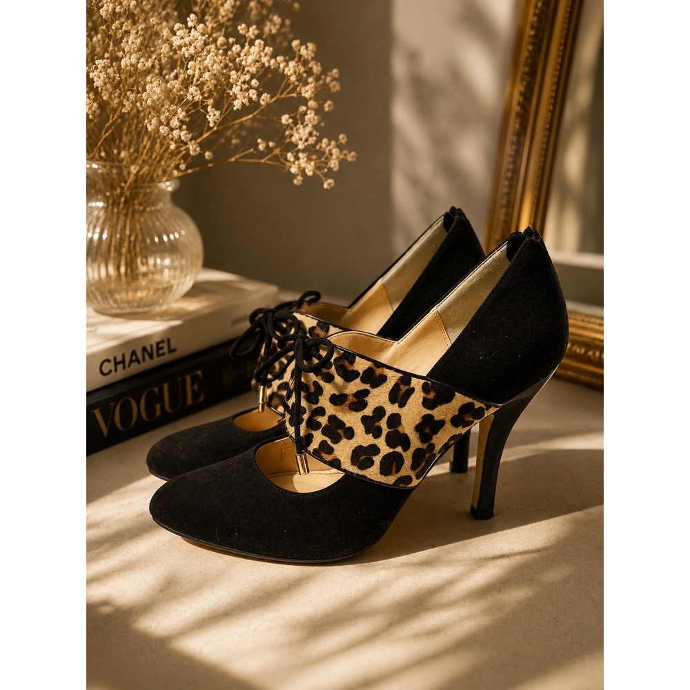 Isola Womens Leopard Print Calf Hair Suede Lace Up Pointed Toe Pumps Black Sz 8